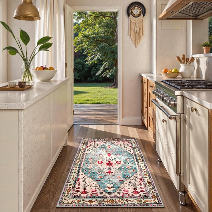 Lahome Felice 3x5 Boho Tribal Washable Rug, Non Slip Rugs for Entryway Bedroom Living Room, Vintage Ultra Soft Non-Shedding Indoor Floor Throw Carpet for Kitchen Dorm Coffee Table, Aqua