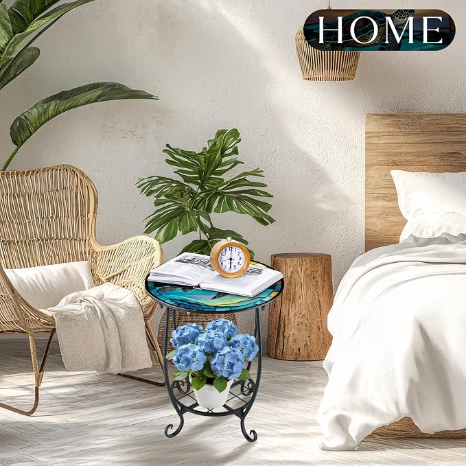 Cinnvoice Outdoor Side Table Round Small Mosaic Patio Accent Indoor End Plant Coffee Tea Table for Yard Patio Porch Garden Living Room, Bedroom(Turtle Style,12 Inch)