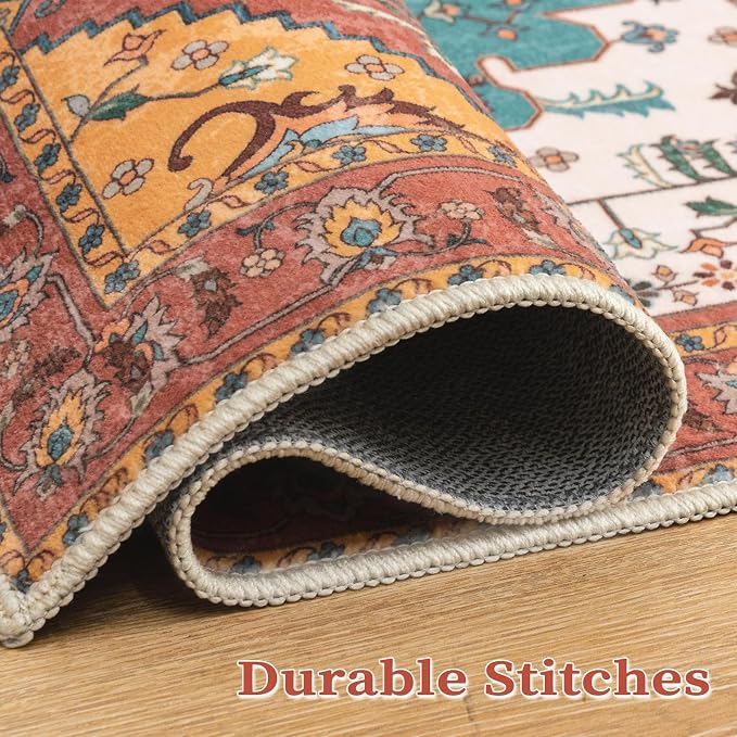 SERISSA 8x10 Washable Non Slip Boho Area Rug for Living Room，Orange | Ultra Soft Vintage Oriental Carpet Low-Pile Distressed Tribal Throw Carpet for Dining Room Bedroom Dorm Office Home Decor