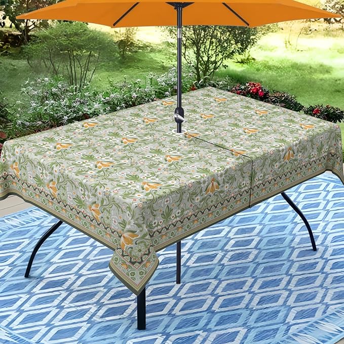 Green Outdoor Tablecloth with Umbrella Hole 60" x 84" Waterproof Zipper Table Cloth for Patio Table - Ideal Tablecloths for Picnics, Camping, and Yard Use