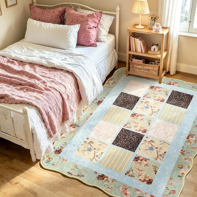 Quilted Floral Scalloped Rug 4x6 Washable, Thin Country Tribal Vintage Patchwork Rose Retro Bedroom Dorm Carpet, Cute Boho Shabby Chic Area Rugs for Dining Living Room Kitchen Entryway Nursery