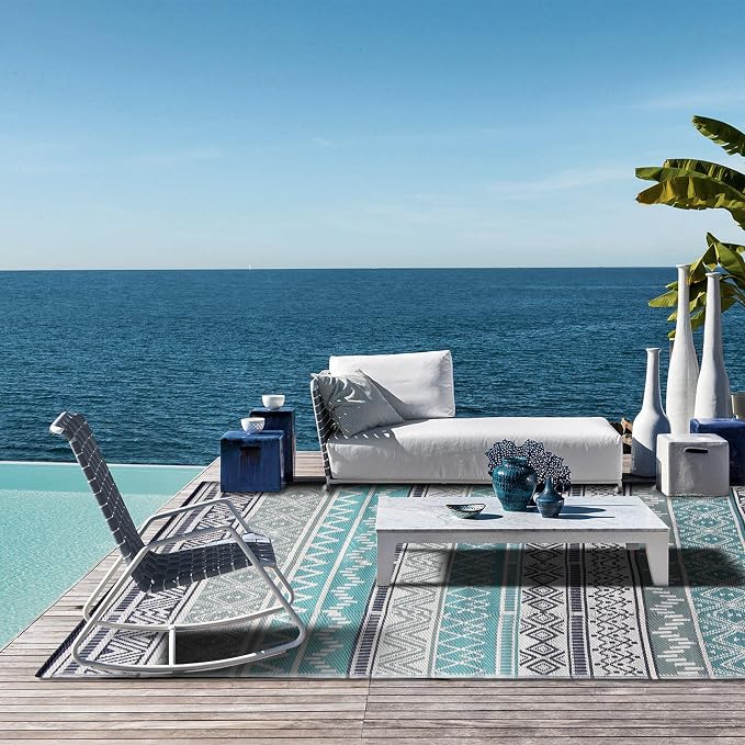 Outdoor Rug 9 x 12 ft, Reversible Plastic Straw Rug for Patio, Waterproof Large Outdoor Carpet for RV, Patio, Camping, Backyard, Deck, Picnic, Beach, Blue & Grey