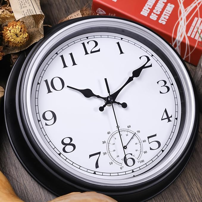 JoFomp Large Waterproof Outdoor Clock with Thermometer Combo - 12 inch Silent Non Ticking Quartz Battery Operated Wall Clock for Patio, Home, Pool, Garden, Porch, Deck (Silver, 12 Inch)