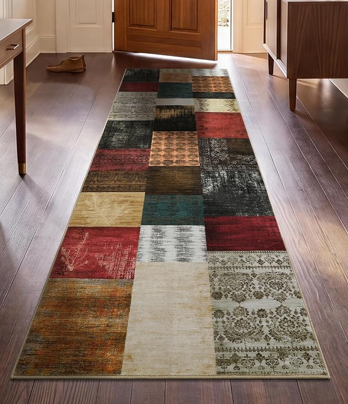 Mid Century Modern Vintage Cowboy Runner Rug 2x6,Retro Patchwork Bedroom Rug,Red and Brown Floral Farmhouse Rugs Washable for Hallway Non Slip,Geometric Boho Area Rugs for Living Room