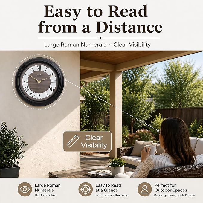 Pytha Sight 18 Inch Outdoor Clocks Waterproof, Atomic Analog Large Roman Numerals Outdoor Wall Clock with Light Sensor, Silent Non-Ticking Outdoor Clock for Patio Garden Porch Pool