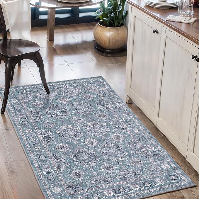 SERISSA 2x3 Washable Non Slip Floral Boho Small Area Rug for Entryway | Ultra Soft Vintage Floral Carpet Low-Pile Blue Grey Indoor Mat Throw Rug for Bedroom Kitchen Bathroom Entrance Floor