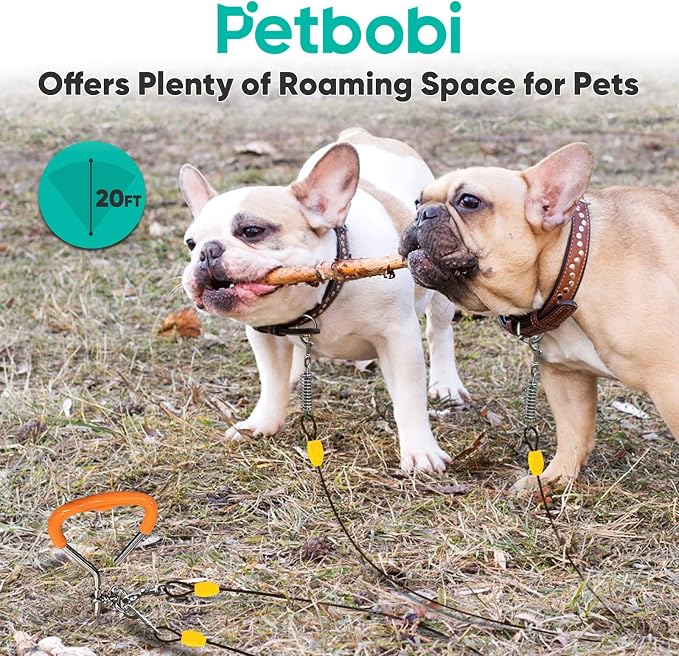 Petbobi Dog Tie-Out Cable and Stake - 20ft Heavy Duty Cable with Spring, No Tangle, 16in Ground Stake, Ideal for Outdoor Yard, Camping, Suitable for Small Medium Large Dogs Up to 120 lbs, Black