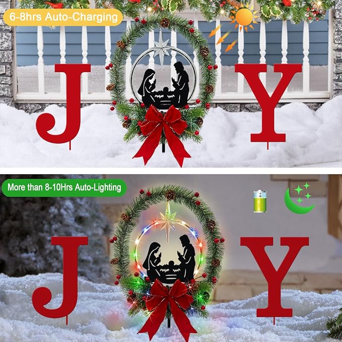 3Pack Solar Lights Christmas Joy Sign,Metal Nativity Scene Outdoor,Silhouette Nativity Set Decoration Outside for Yard Stake