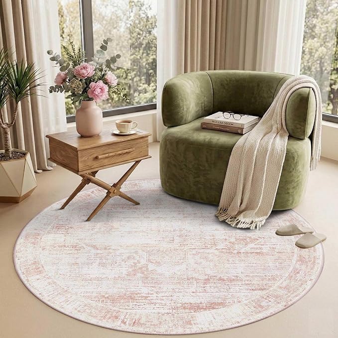 Latte&Fog 4ft Pink Round Area Rug for Girl Bedroom Washable Cute Circle Rug | Non Slip Low Pile Soft Floral Small Carpet for Kids Playroom Nursery Classroom Dorm Decor Dining Kitchen Farmhouse Office