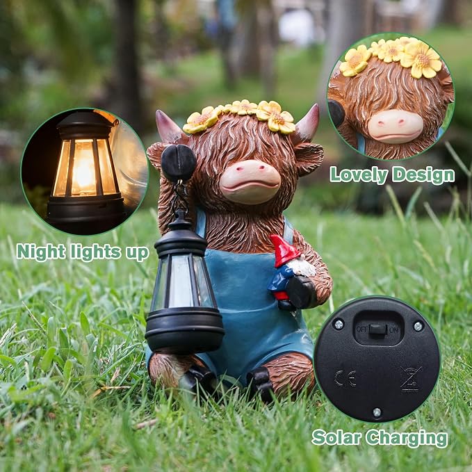 Solar Highland Cow Gnomes Garden Decorative Statue - Resin Solar Lights Cows Figurine Yard Outdoor Decor with Detachable Lantern, Animal Figurines Balcony Ornaments, for Women/Mom