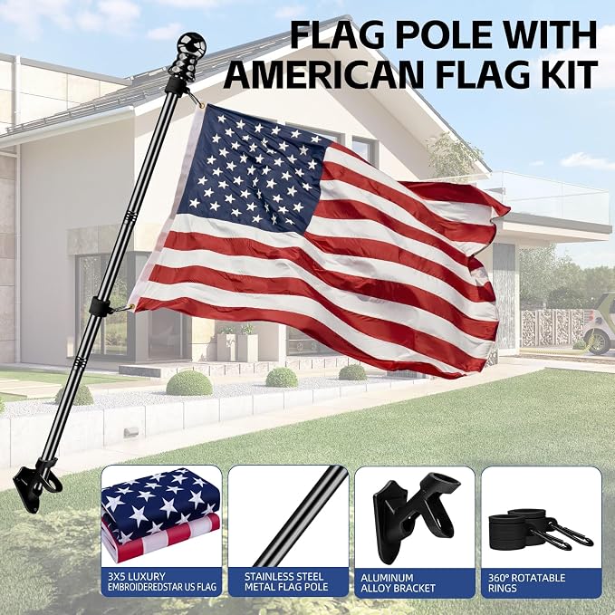 American Flag with Pole for House Outside, Including 5Ft Heavy Duty Flag Aluminum Poles Kit and 100% Polyester 3x5 ft US Flag, No Tangle Spinning Pole and Multi-Position Flag Pole Bracket