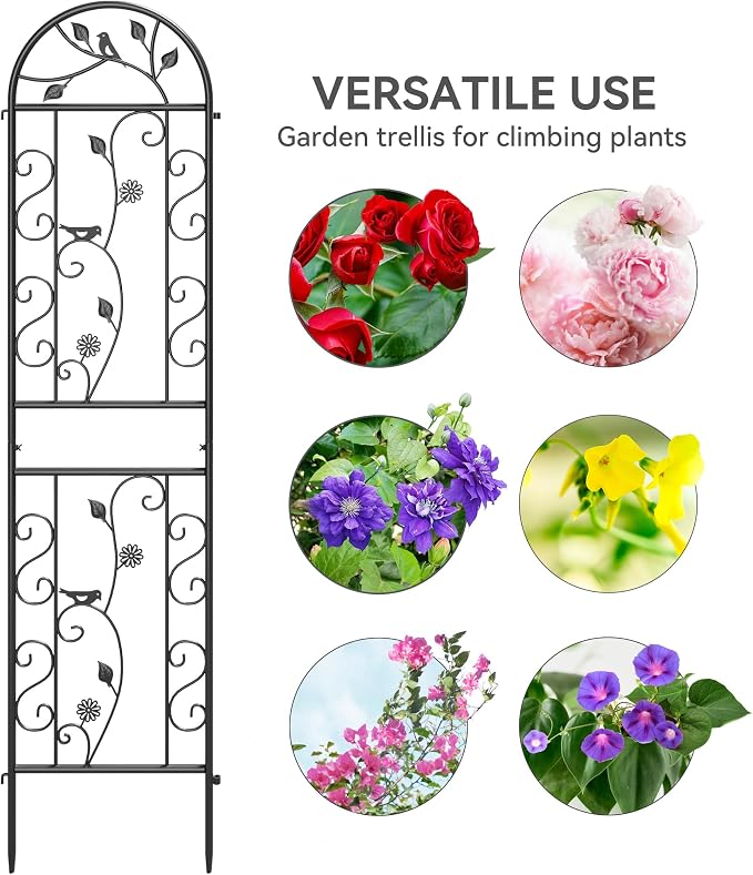 2 Pack 87"x20" Black Metal Garden Trellises, Decorative Daisy & Bird Rustproof Trellis for Outdoor Climbing Plants, Roses, Vines, Cucumbers & Vegetables