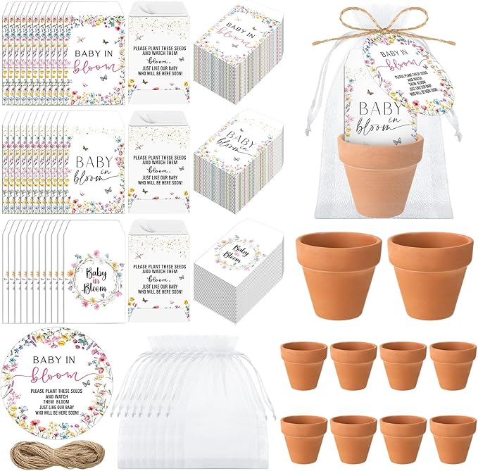 Reallnaive Baby Shower Party Favors Baby in Bloom Envelopes Seed Packets Include 96 Mini Terracotta Pots Seed Packets 96 Self Adhesive Envelopes Thank You Tags for Party(96 Pcs, Wildflower)