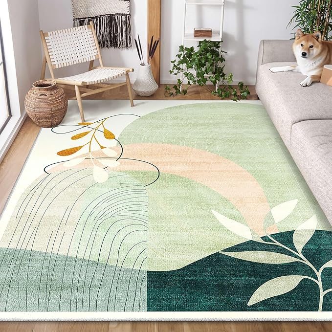 5x7 Area Rugs Washable Low Pile Non Slip Mid Century Modern Large | Machine Washable Throw Carpet for Living Room Bedroom Office Dining Room Indoor Boho Abstract Retro Geometric Green
