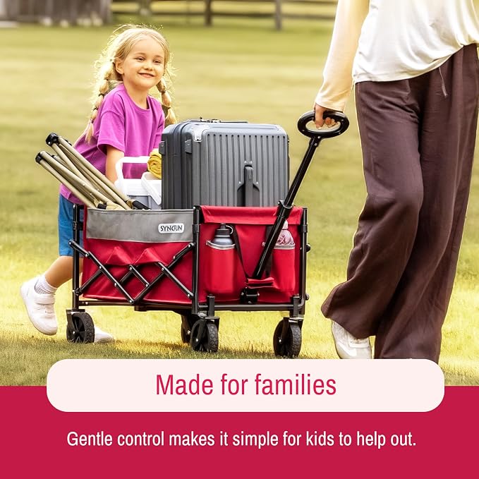SYNCFUN Collapsible Wagon Cart Foldable, Portable Rolling Shopping Carts on Wheels, All Terrain Folding Sport Beach Wagons for Sand, Heavy Duty Utility Cart for Groceries Fishing 300lbs, Red