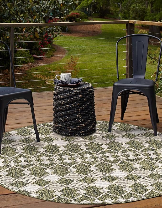 Unique Loom Outdoor Trellis Collection Area Rug - Traliccio (3' Round, Green/ Ivory)