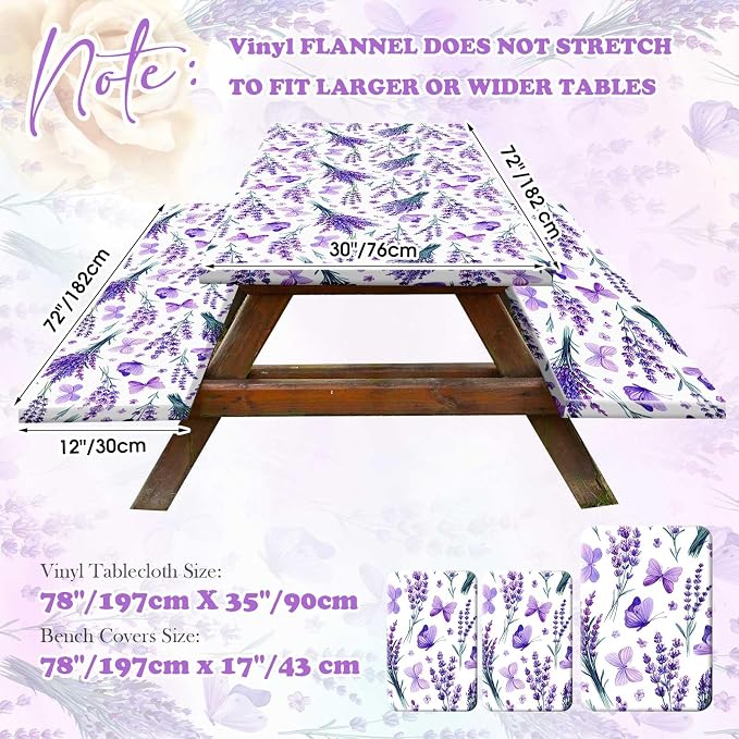 Boao 3 Pcs Vinyl Picnic Table Cover with Bench Cover 6 ft 30 x 72 Inch Waterproof Fitted Tablecloth Flannel Backing Rectangular Elastic Edged for Camping Outdoor Patio Travel(Lavender)