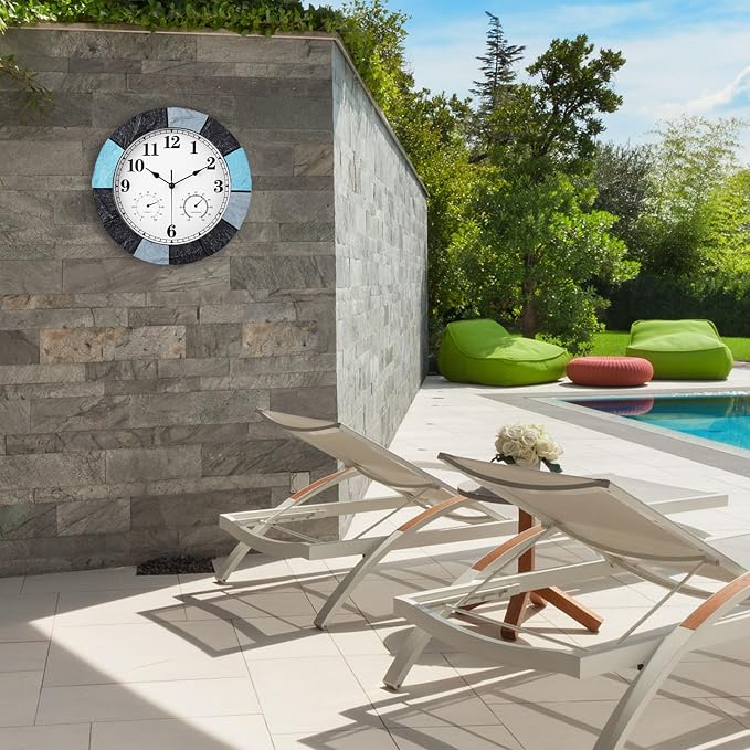 JoFomp 13 Inch Resin Faux-Stone Outdoor Clocks Waterproof with Thermometer and Hygrometer Combo, Large Outdoor Clocks for Patio, Outdoor Wall Clocks Battery Operated, Outside Clock for Pool/Home
