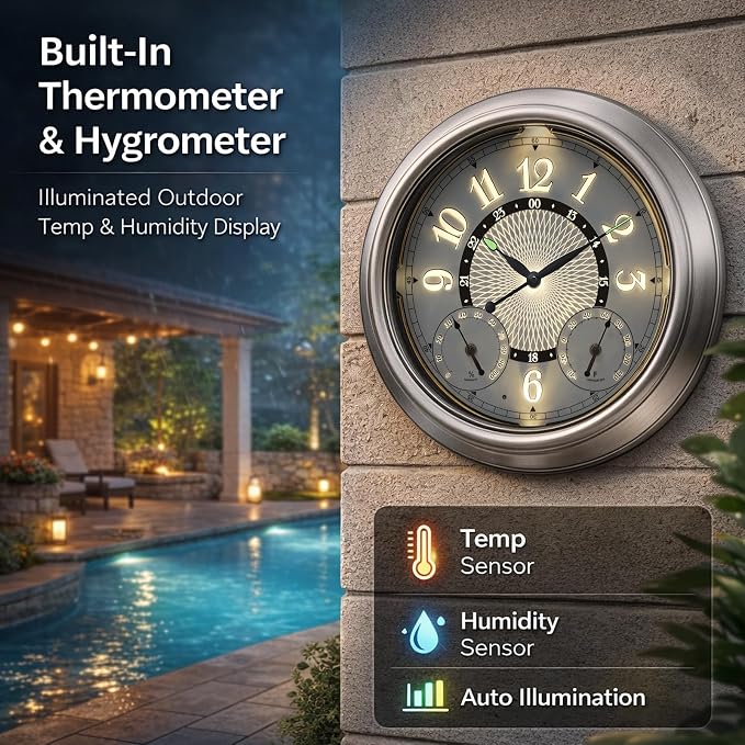 Pytha Sight Illuminated Large Metal Outdoor Clocks Waterproof 18 Inches With AI Auto Light Smart Sensor,Extra Big Indoor Outdoor Wall Clocks With Thermometer & Hygrometer for Patio, Pool, Garden,Porch