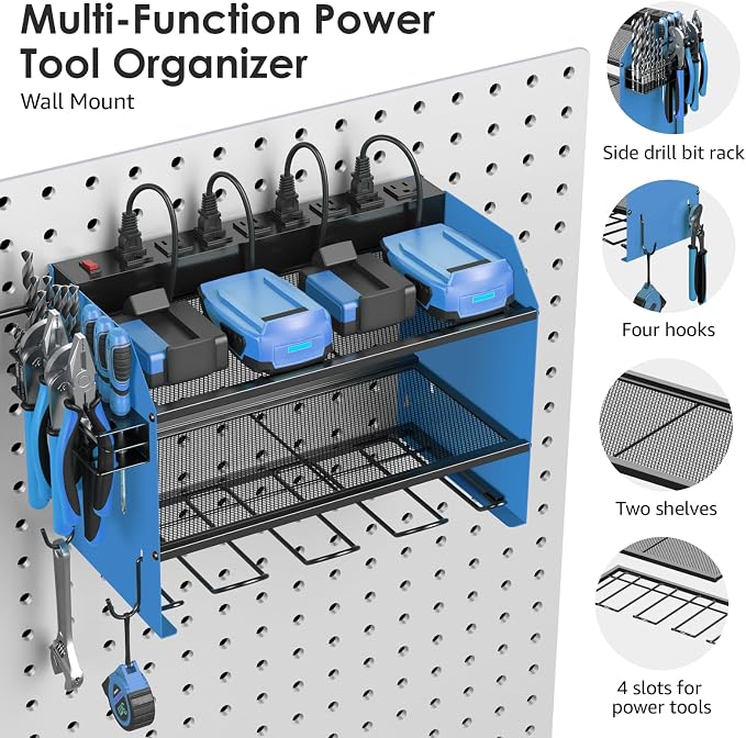 CCCEI Wall Mount Modular Tool Charging Organizer, Blue, 1 Pack, 3 Tier. | Drill Battery Storage Rack with Hooks, Garage Workshop, Gifts for Men, Dad, Husband Anniversary, Birthday, Christmas