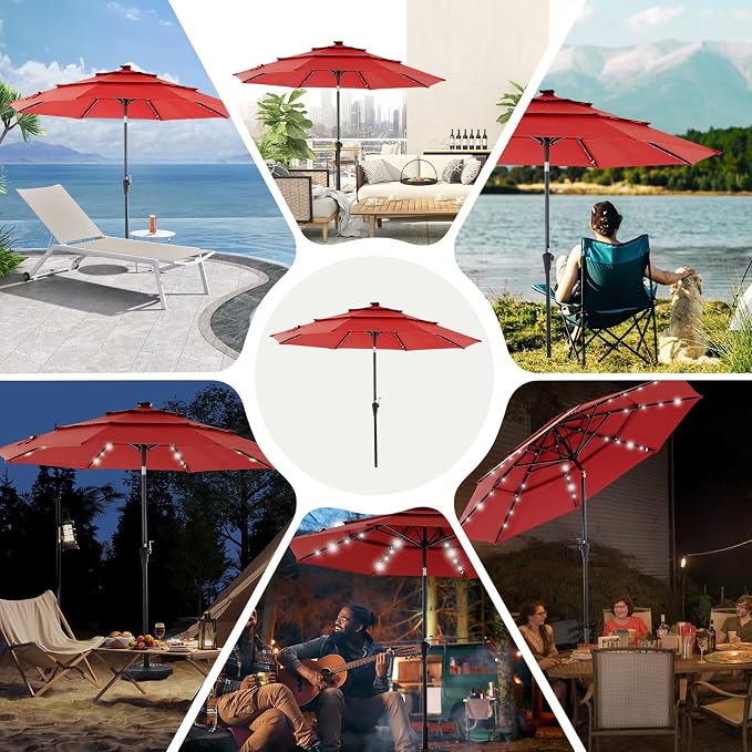 DUMOS Outdoor Solar Patio Umbrella 3 Tiers with 32 LED Lights, Beach Market Table Umbrella with Crank and 8 Sturdy Ribs for Pool, Terrace, Restaurant