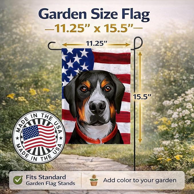 Caroline's Treasures CK6548GF Greater Swiss Mountain Dog American Flag Garden Flag Mailbox Flag Decorative Yard Flag Banner Outside Patio Artwork Yard Flower Beds, Garden Size, Multicolor