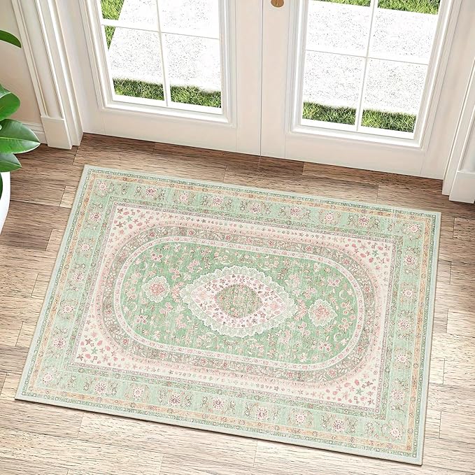Small Rugs 2x3,Green Rug for Entryway Entrance Doormat Boho | Vintage Bohemian Distressed Washable Oriental Accent Floor Throw Carpet for Bathroom Bedroom Non Slip,Sage Blush Floral