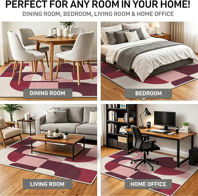 2x6 Burgundy and Pink Geometric Runner Rug for Kitchen Entryway Hallway Dark Abstract Modern Area Rug Machine Washable Non-Slip Carpet for Bedroom Bathroom Bedside