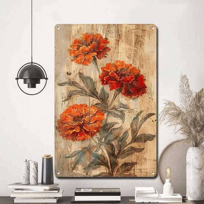 Metal Sign Tin Sign Vintage Wall Art Shabby Chic Marigold Tin Sign for Joyful Antique Gardens Rustic Wall Decor and Distressed Wood Su Tin Signs for Garden for Pub 8×12 Inches