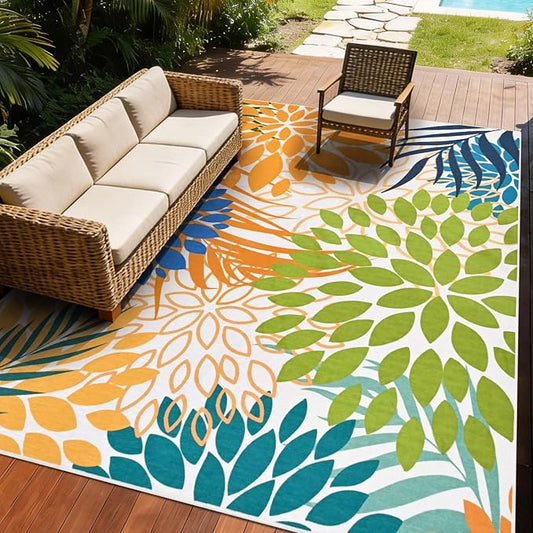 Yinhua Dahlia Floral Outdoor Rug 8x10 Colorful Indoor Outdoor Rugs Washable Patio Rug Non Slip Large Flower Area Rug Low Pile Outdoor Carpet for Patio, Deck, Porch, Balcony, Camping, Yellow Green