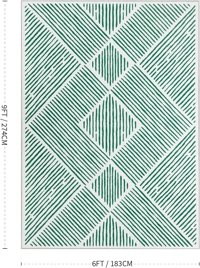 6‘x9' Washable Mid Century Modern Green Area Rug for Living Room | Non-Slip, Soft, Low Pile, Stain Resistant, Modern Geometric Stripe Rug for Bedroom Dining Room