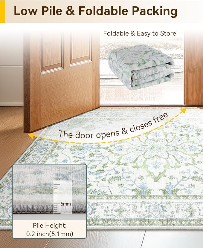RELEANY Washable Area Rug, 4'x6', Green/White/Blue | Non-Slip, Water Repellent, Pet Friendly, Easy to Clean, Vintage Floral Boho Decor for Living Room Bedroom Kitchen Office
