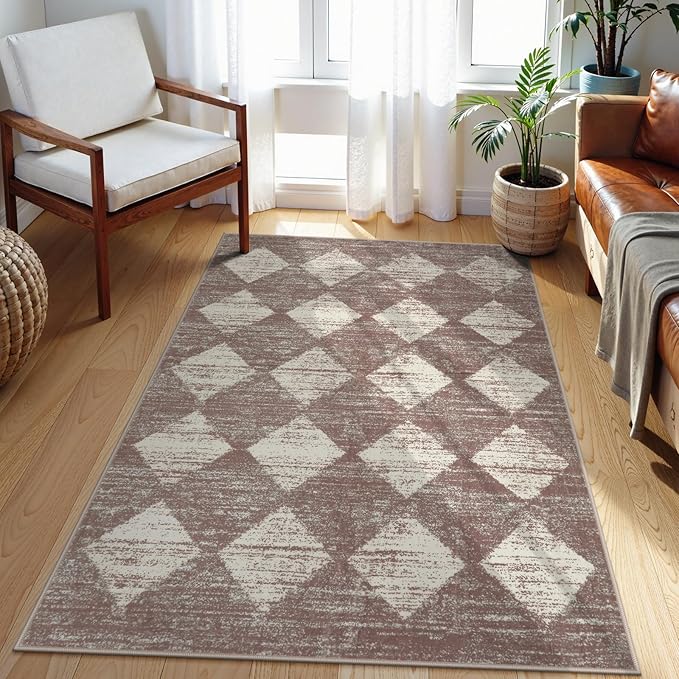 Lahome Zelie Moroccan Treills Area Rug, 3x5 Rugs for Living Room Washable Entry Mat, Checkered Modern Soft Beige Indoor Accent Carprt for Coffee Table Bedroom Family Dinning Room Playroom