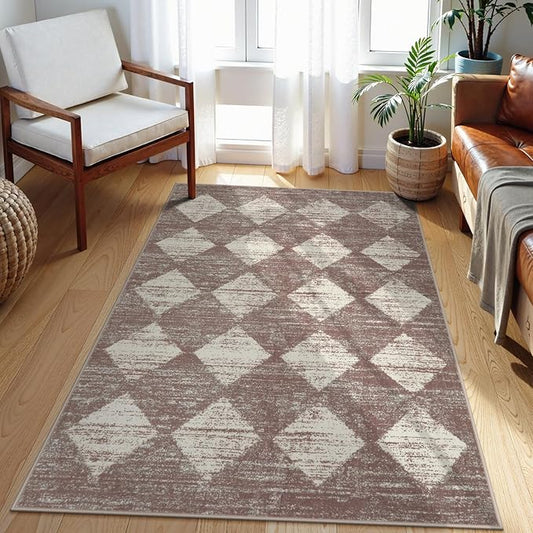 Lahome Zelie Moroccan Treills Area Rug, 3x5 Rugs for Living Room Washable Entry Mat, Checkered Modern Soft Beige Indoor Accent Carprt for Coffee Table Bedroom Family Dinning Room Playroom
