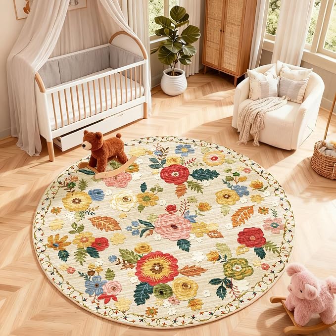 4ft Washable Round Rugs for Bedroom: Circle Living Room Rug Floral Vintage Non Slip Low Pile Soft Faux Wool Non Shedding Small Circular Rug for Kitchen Entryway Bathroom Bedside Office Dorm Kids Room