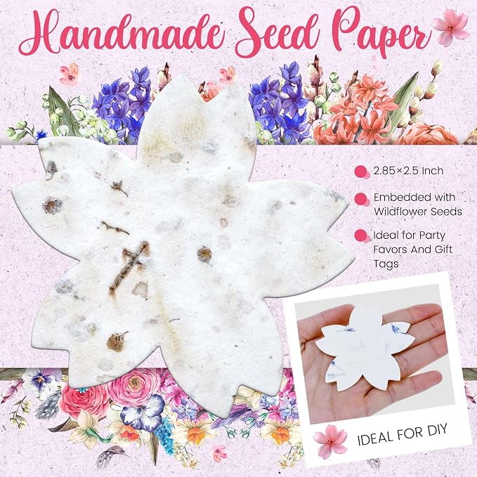 Dunzoom 50 Pcs Handmade Seed Paper Plantable Wildflower Seed Paper Recycled Flower Petals Tags Wedding Favors for Guests Craft Gifts Cards for Envelope Birthday Party, 5 Styles (Flower Shape)