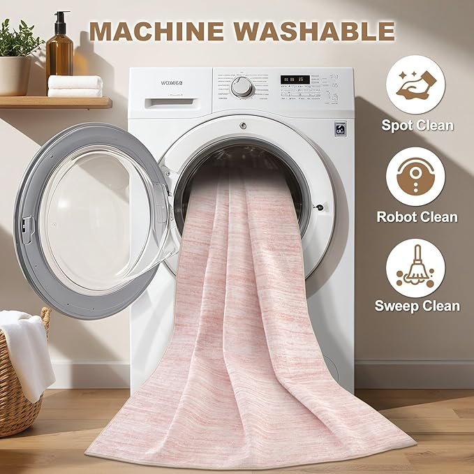Nakagishi 9x12 Area Rugs Living Room: Washable Large Vintage Rug Neutral Non-Slip Soft Stain Resistant Indoor Carpet for Bedroom Nursery Dining Room Office Playroom - Pink-01