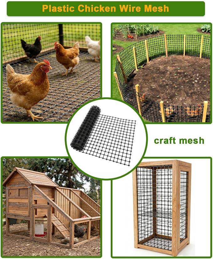 Plastic Chicken Wire Mesh Fence Roll - Black 16IN * 10FT Multi-Use Garden & Poultry Netting, Animal Barrier for Pets, Plants, Patio,Balcony, Snow Fencing & Temporary Indoor and Outdoor Use