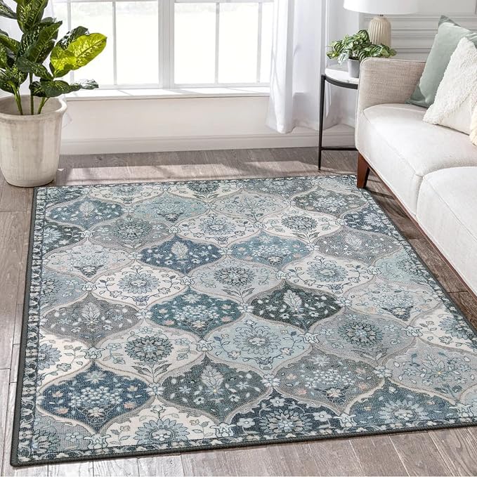 Lahome Moroccan Machine Washable Area Rugs, 4x6 Rug for Living Room Bedroom | Soft Non-Slip Rug Vintage Trellis Ultra-Thin Throw Carpet for Dining Room Office Elise, Blue