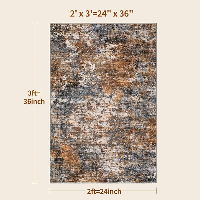 Tangsoo Abstract 3x5 Washable Area Rug, Modern Non Slip Accent Rugs | Contemporary Print Indoor Carpet, Soft Low Pile Foldable Rugs for Living Room Bedroom Bedside Entryway Rust Grey Home Decor