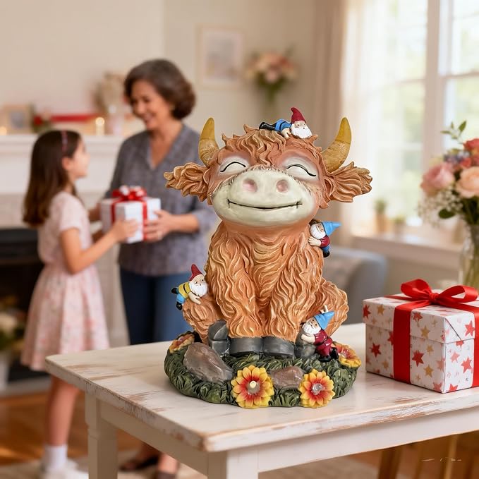 Solar Highland Cow Garden Statue with Funny Gnomes | LED Lights, Outdoor Decor, Yard Art, Gift for Mom & Grandma