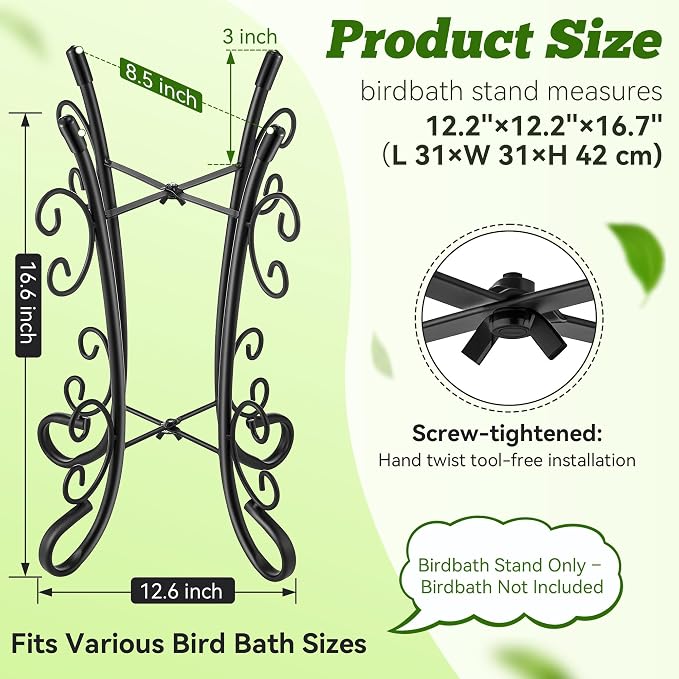Outdoor Metal Bird Bath Stand, Sturdy Birdbath Bowl Stand, 16 Inch, Fade and Weather Resistant, Outdoor Decoration for Glass BirdBaths, Garden Yards Lawn (Ornate)