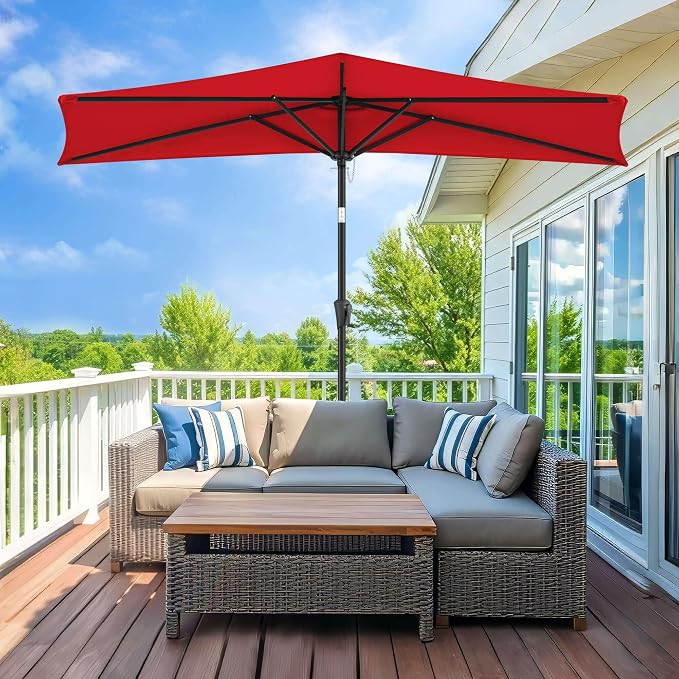 9FT Half Umbrellas Outdoor - Half Patio Umbrella with Tilt, UV Protection Waterprool, Half Round Umbrella for Wall Balcony, Pool, Porch, Garden, Deck, Backyard (Red)