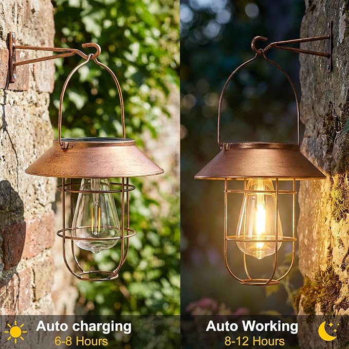 Livinlarge Solar Lanterns Outdoor Waterproof,Hanging Solar Lights for Outside with Wall Hooks Windproof Hook,Retro Metal Outdoor Lanterns Auto On/Off for Porch,Patio,Garden,Yard Decor 2 Pack（Bronze）