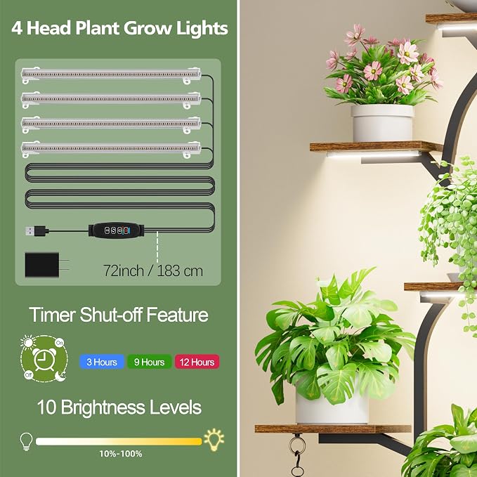 EVAWOO Plant Stand Indoor with Grow Lights - 7 Tier Indoor Plant Shelf, 64" Tall Plant Stands for Indoor Plants, Corner Metal Plant Stand, Plant Holder for Living Room, Porch, Black