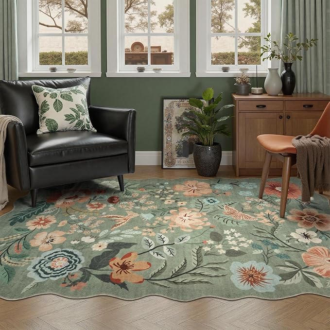 DCX Vintage Floral Washable Area Rug 5x7, Non Slip Low Pile Rug, Sage Green | Rugs for bedroom, living room, dining room, office, soft, kid & pet friendly, sain resistant indoor carpet, home decor