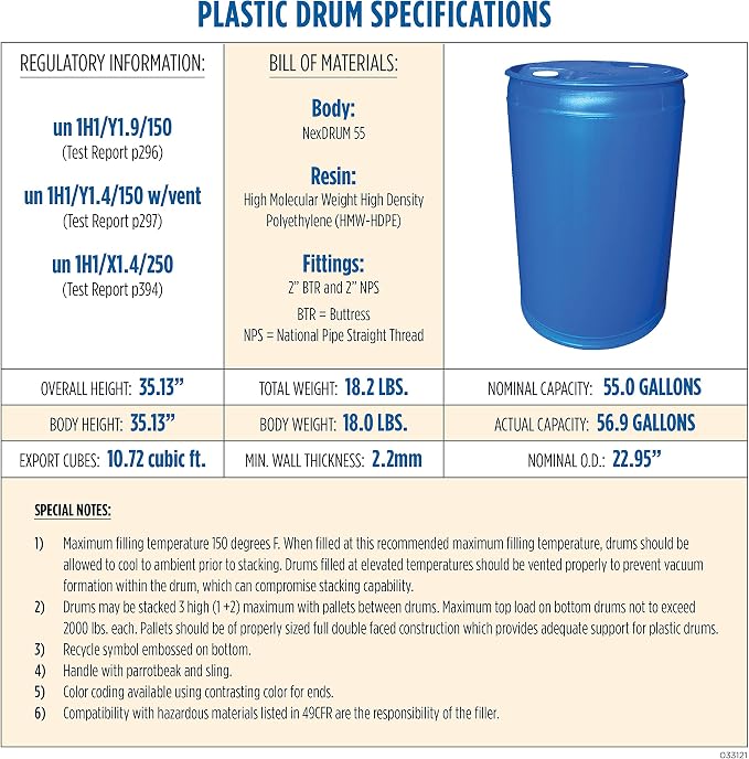 Augason Farms 55-Gallon Water Storage Barrel - BPA-Free Plastic Barrel - Emergency Water Storage Drum for Home Preparedness