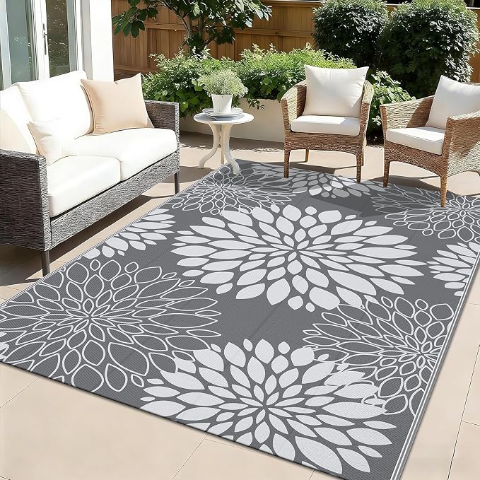 Ileading Waterproof Outdoor Rug 5x8, Reversible Plastic Straw Patio Rug, Portable Indoor Outdoor RV Camping Mat Carpet for Deck, Porch, Balcony, Backyard, Picnic, Floral Grey
