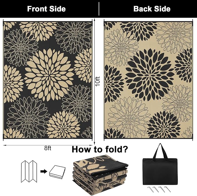 Ileading Waterproof Outdoor Rug 8x10, Reversible Plastic Straw Patio Rug, Portable Indoor Outdoor RV Camping Mat Carpet for Deck, Porch, Balcony, Backyard, Picnic, Floral Black