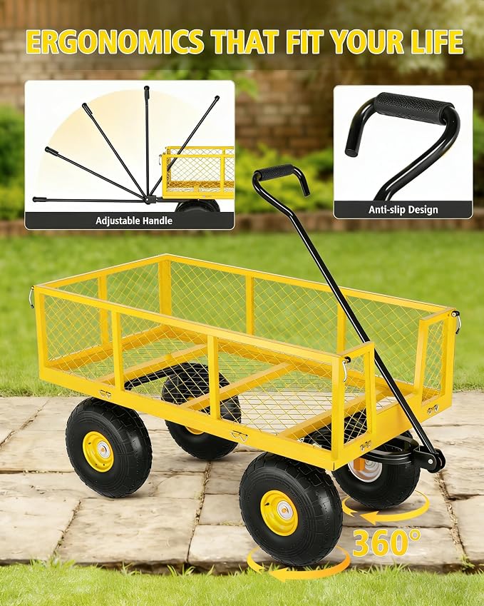 GarveeLife Heavy Duty Steel Garden Cart 900 LBS Capacity 3 in 1 Pullable Garden Wagon with 10 in Wheels for Gardening Soil, Tools, and Plant Transport